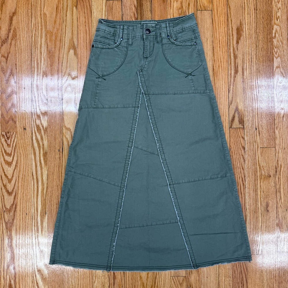 Y2K Olive Green Women's Raw Edge Multi-Panel Midi Skirt Cowgirl Maurices